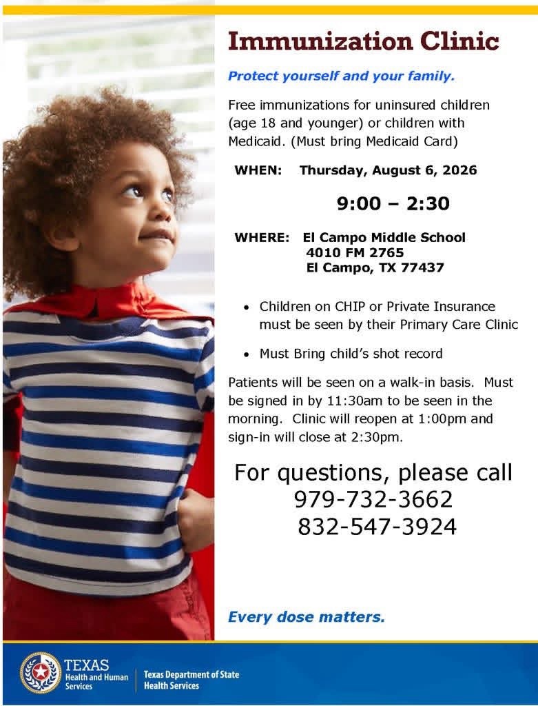 Free Back-to-School Immunization Clinic Scheduled in El Campo