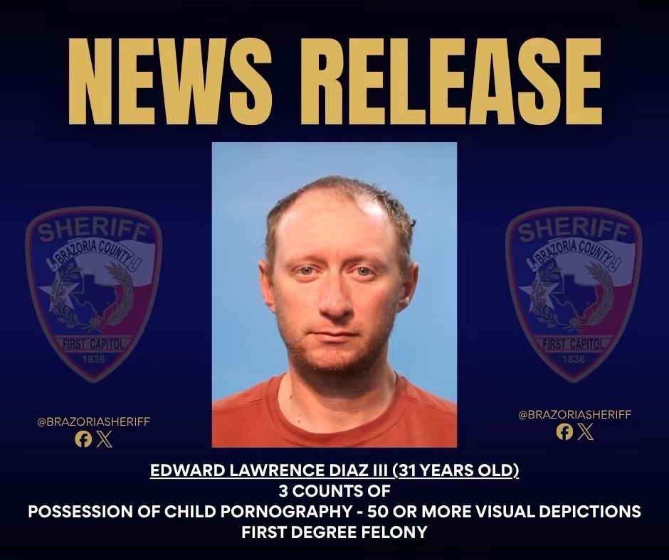 Brazoria County Man Faces Three First-Degree Felony Child Pornography Charges