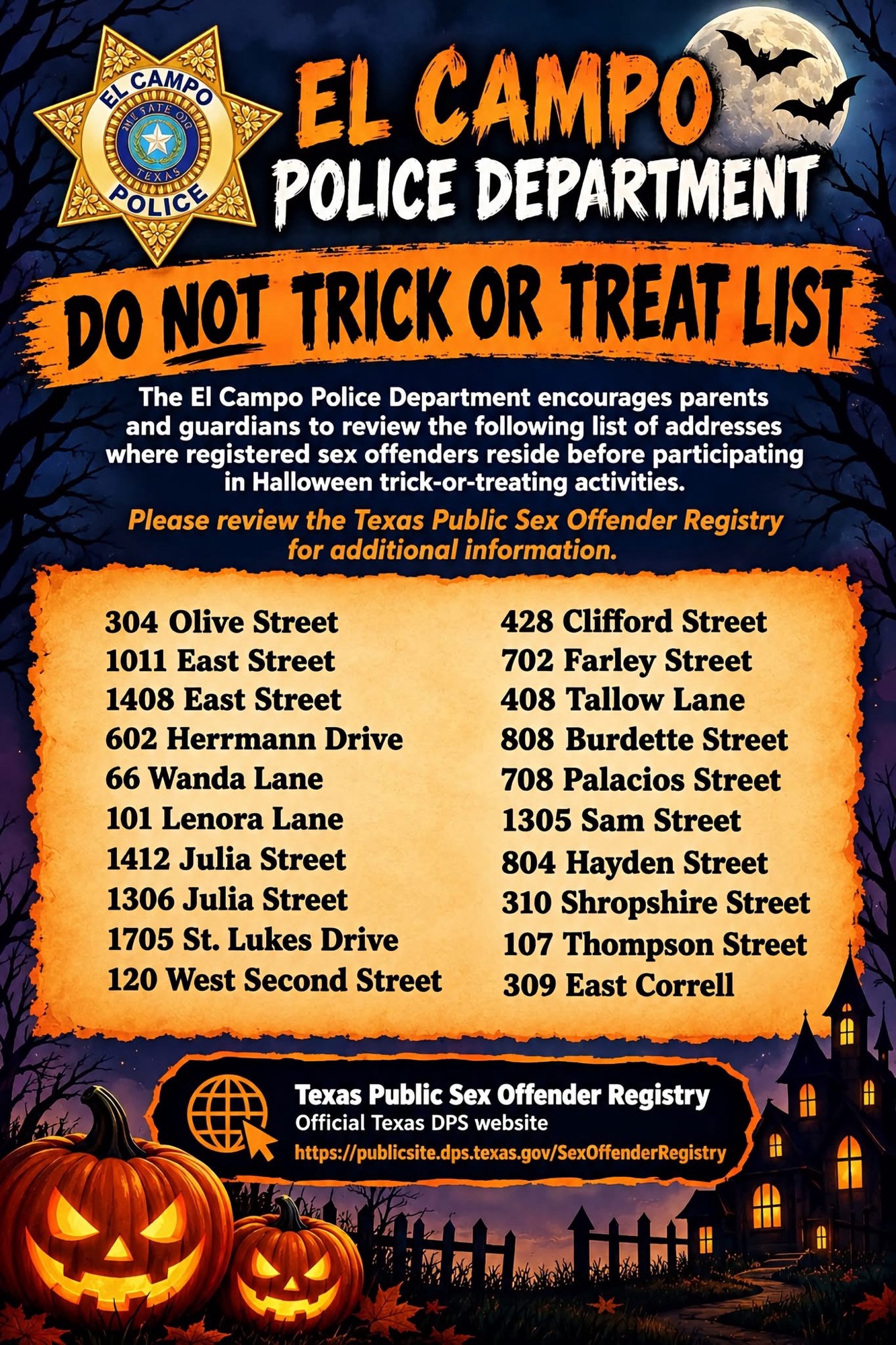 El Campo Police Release Halloween “Do Not Trick or Treat” List