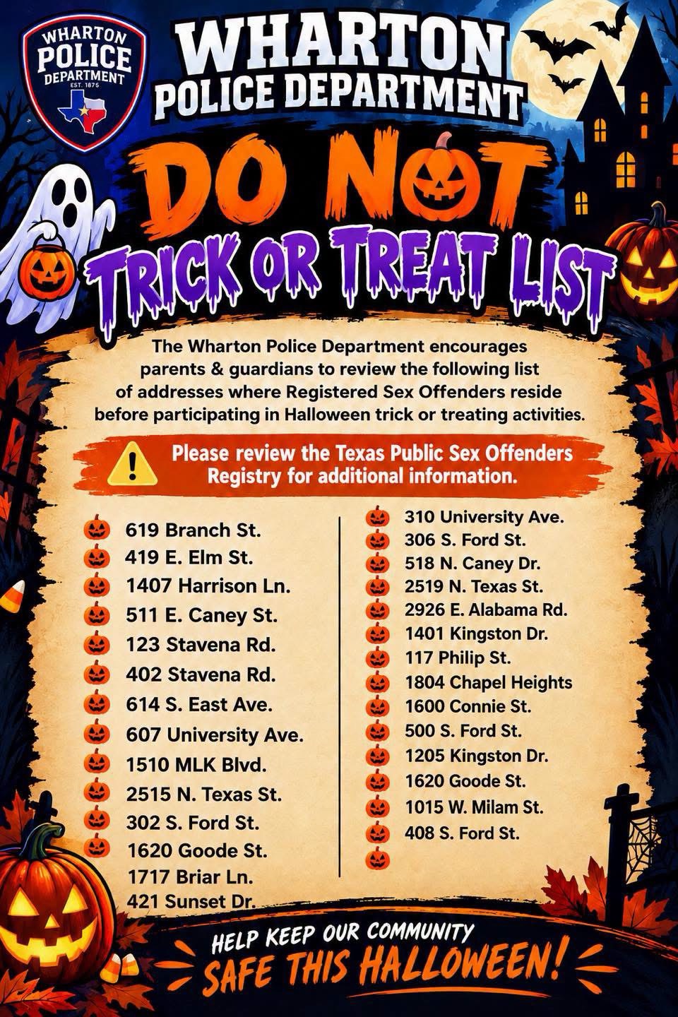 Wharton Police Release 2026 Halloween “Do Not Trick or Treat” List